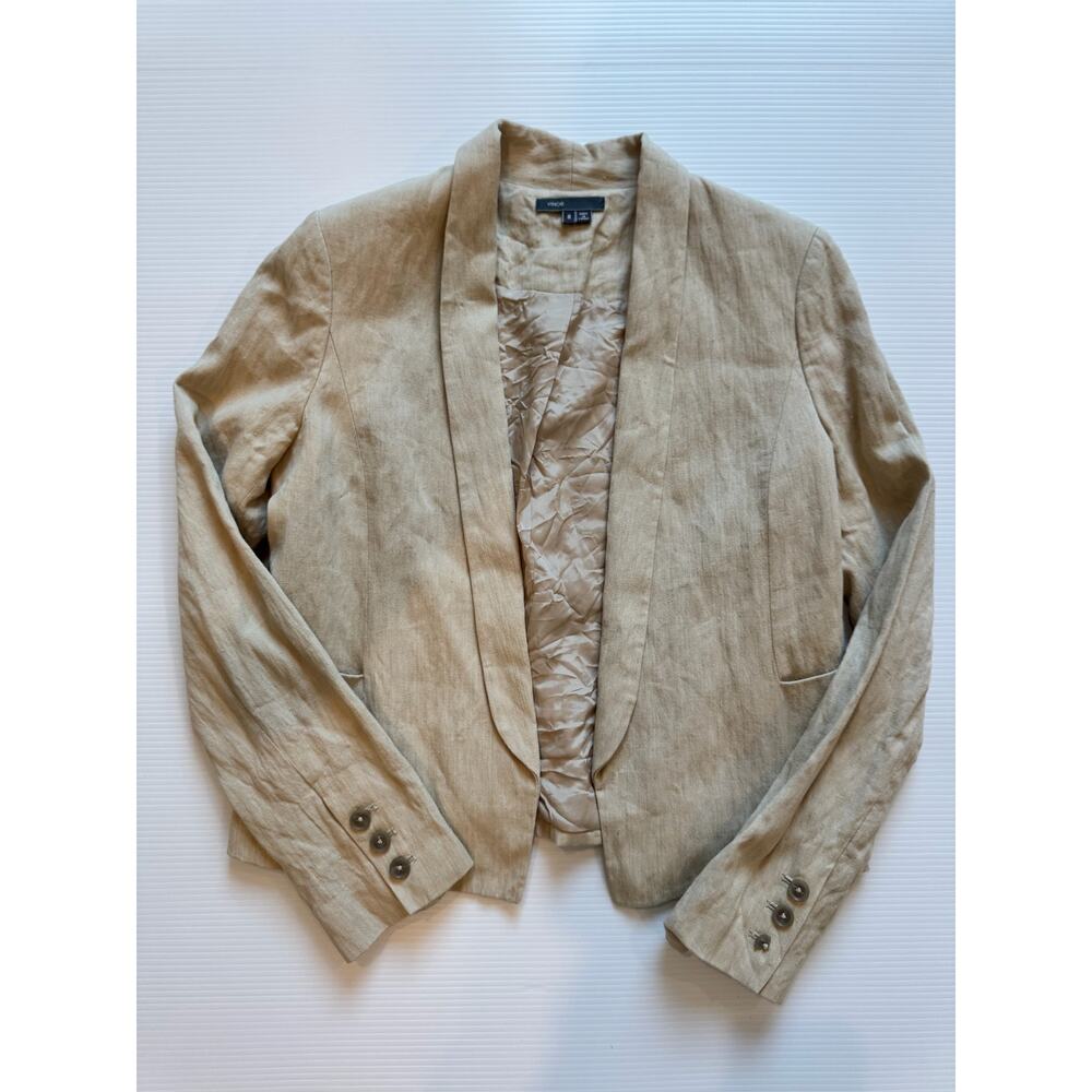 Vince Linen Cotton Blazer Women’s 8 Beige Open Front Cropped Jacket Summer - Picture 12 of 16
